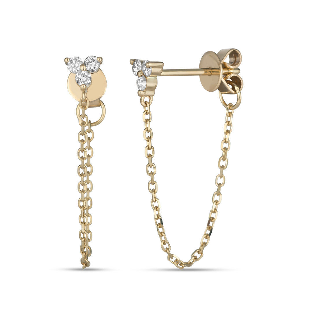 14K Diamond 3 Stone Studs with Chain