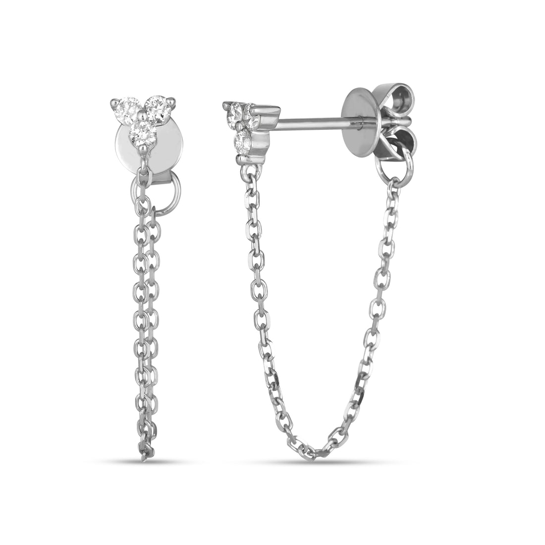 14K Diamond 3 Stone Studs with Chain