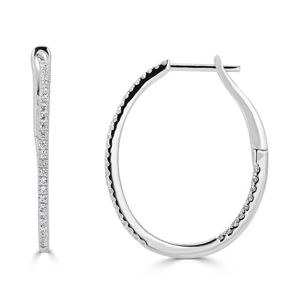 14K Petite Oval Diamond Hoop Earrings - White Gold
