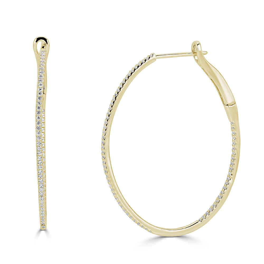 14K Oval Diamond Hoop Earrings - Yellow Gold
