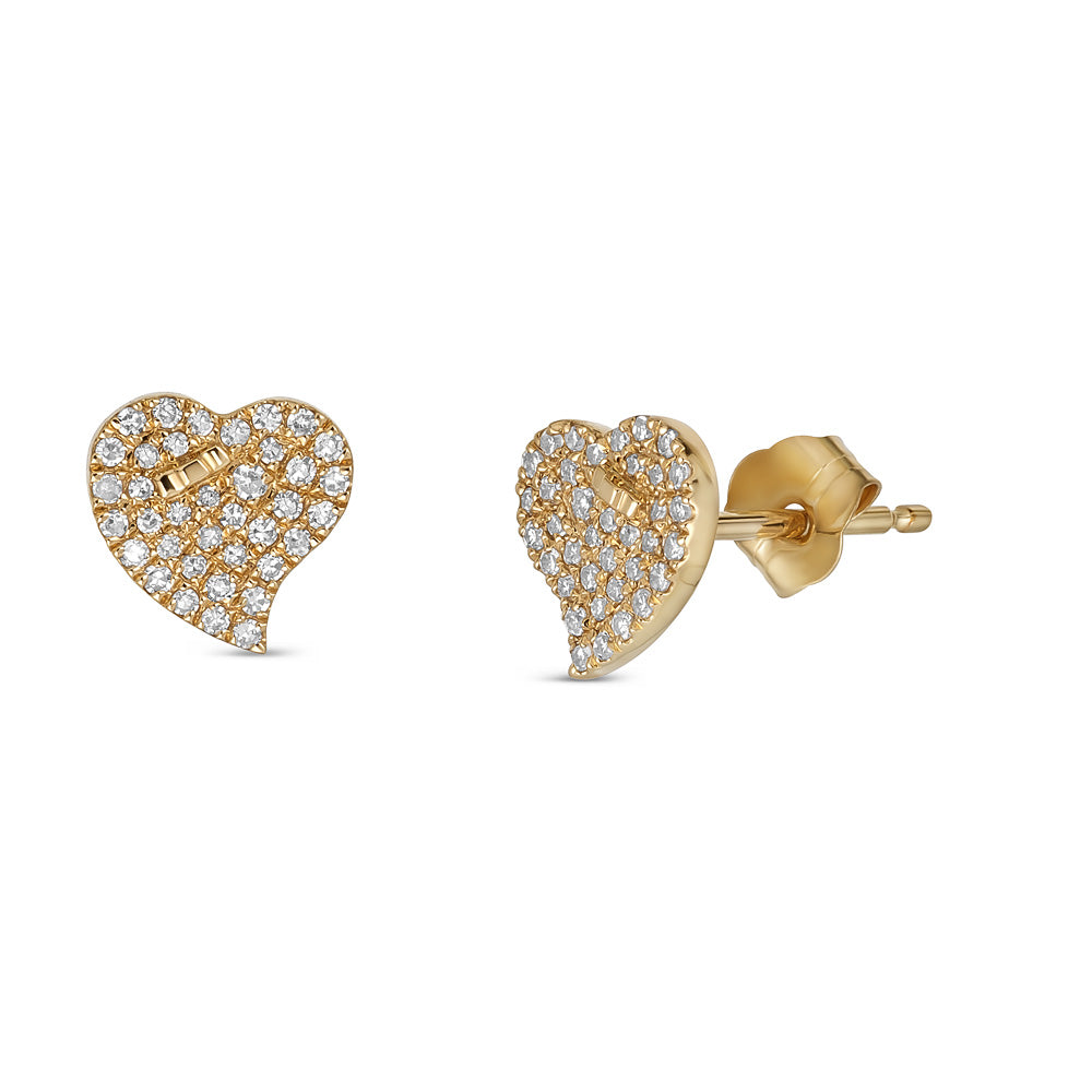 14K Pavé Diamond Heart Studs - Yellow Gold