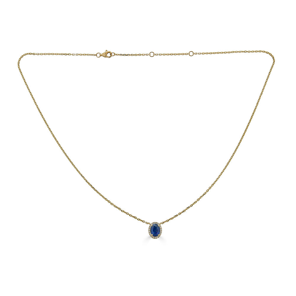 14K Yellow Gold Oval Sapphire &amp; Diamond Halo Necklace