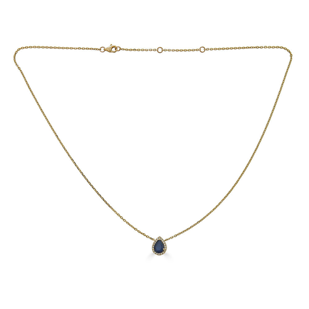 14K Yellow Gold Pear Sapphire &amp; Diamond Halo Necklace