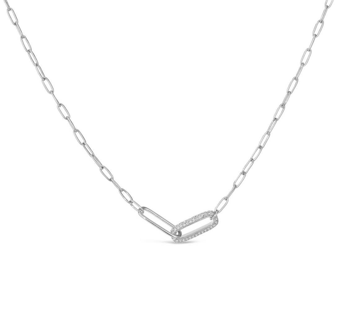 14K Paper Clip Diamond Link Necklace - 18 Inches