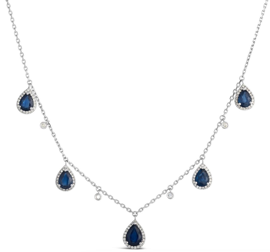 14K White Gold Sapphire &amp; Diamond Station Necklace