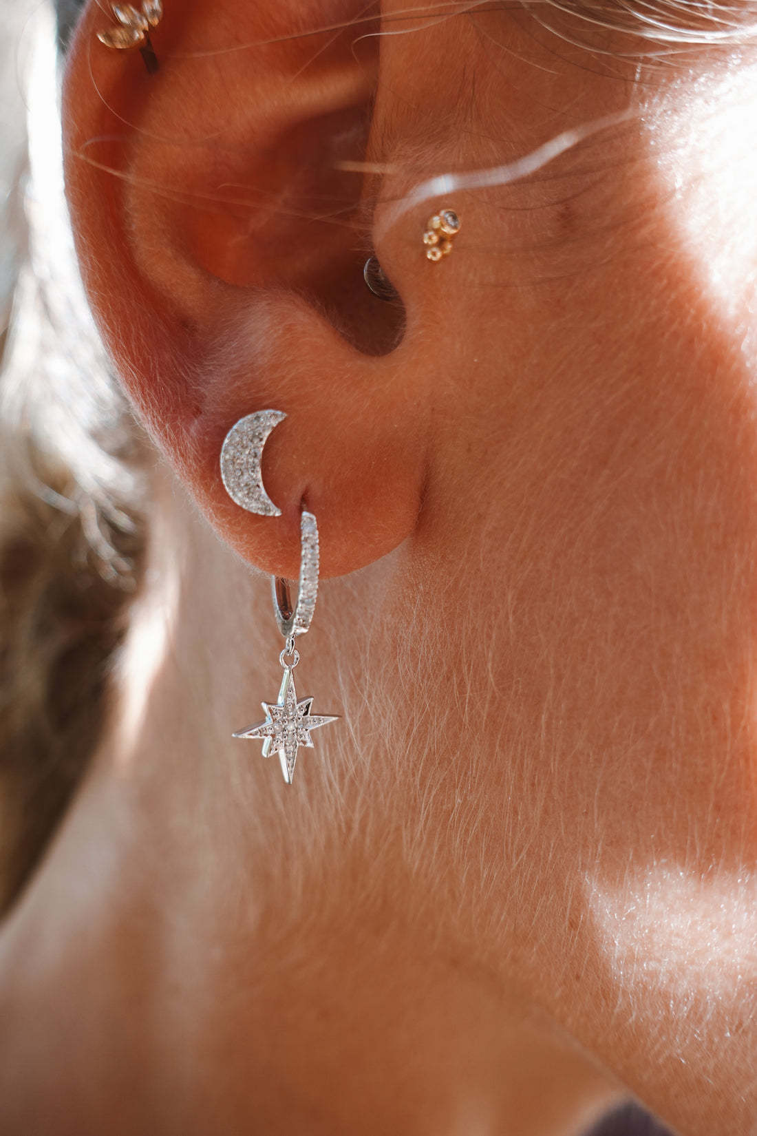14K Diamond Moon Stud Earrings